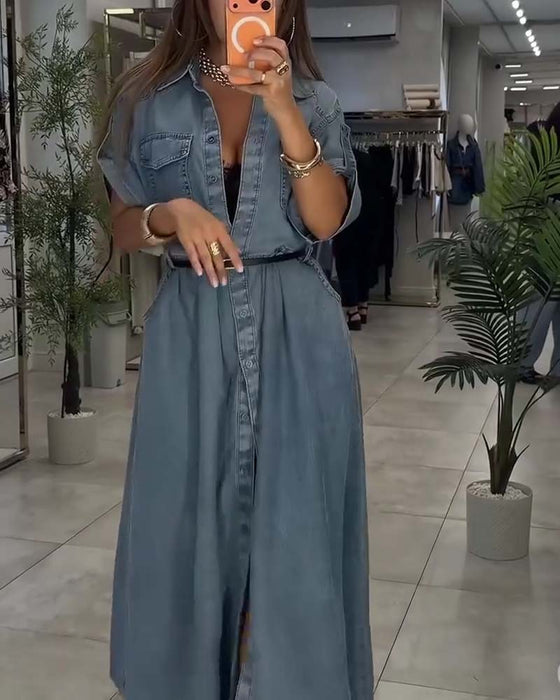 Sukienka Koszula Kołnierz Kieszeń Guzik Denim