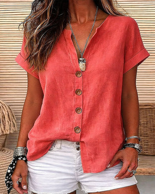 Koszula Dekolt V Jednorzędowy Krótki Rękaw