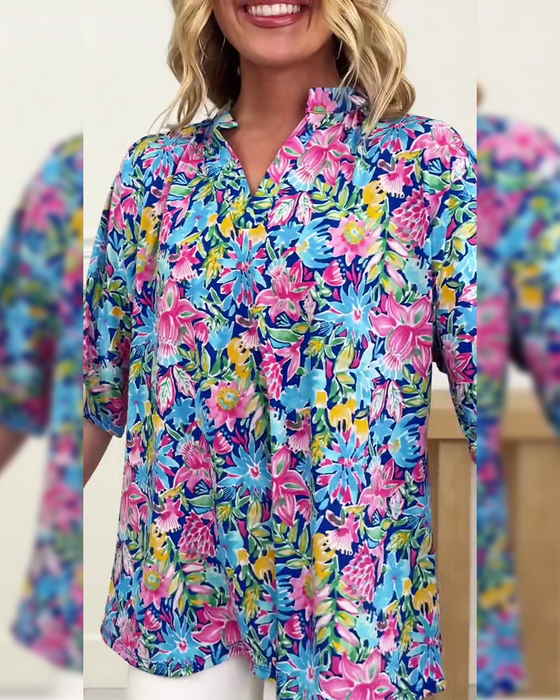 Top Tropikalny Kwiatowy Krótki Rękaw