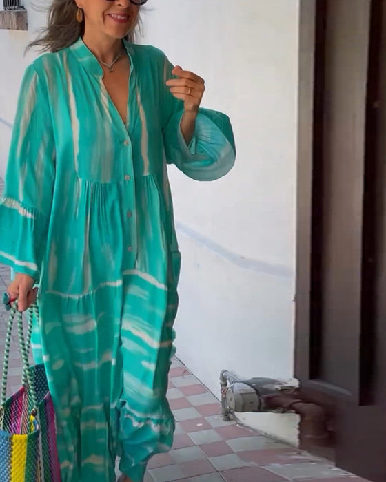 Luźna długa sukienka z dekoltem w kształcie litery V z rozszerzanymi rękawami