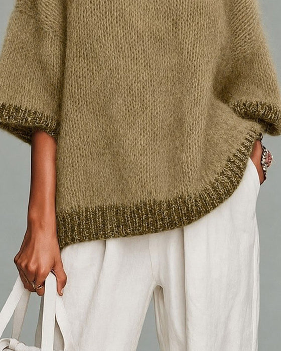 Sweter Half-Zip Kontrastujący Rękaw Trzy-Czwarte