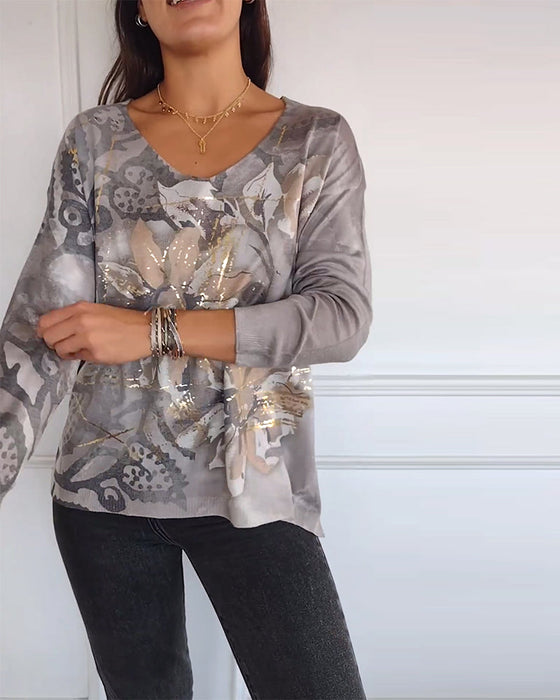 Bluzka z długim rękawem i dekoltem w kształcie litery V w kwiatowy wzór