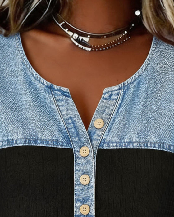 Bluzka Denim Patchwork Krótki Rękaw