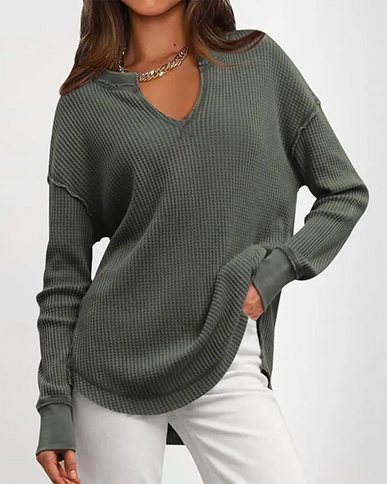 Top Wafel Henley Długi Rękaw