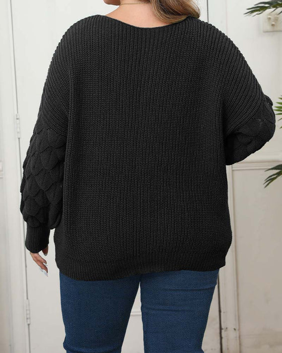 Pullover Rękaw Bufiasty Dekolt W Dzianinowy
