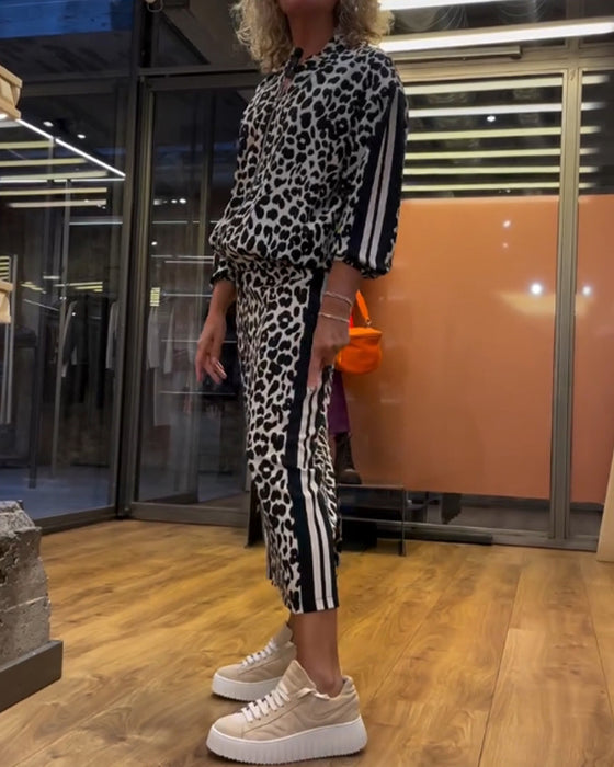 Dwuczęściowy komplet ze spódnicą w paski w panterkę