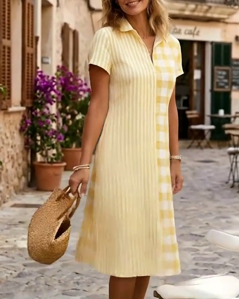 Sukienka W Kratę I Paski Patchwork Koszula