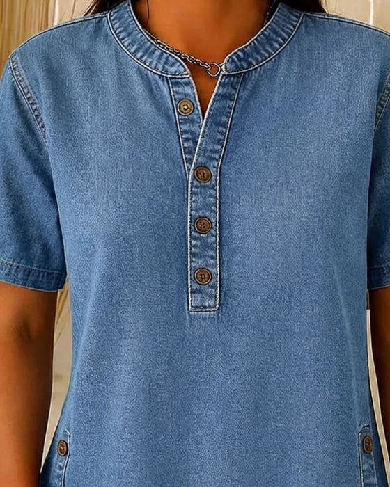 Top Guziki-Przód Denim Krótki Rękaw