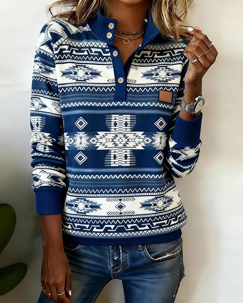 Drukowana Bluza Z Guzikami I Skórzaną Metką