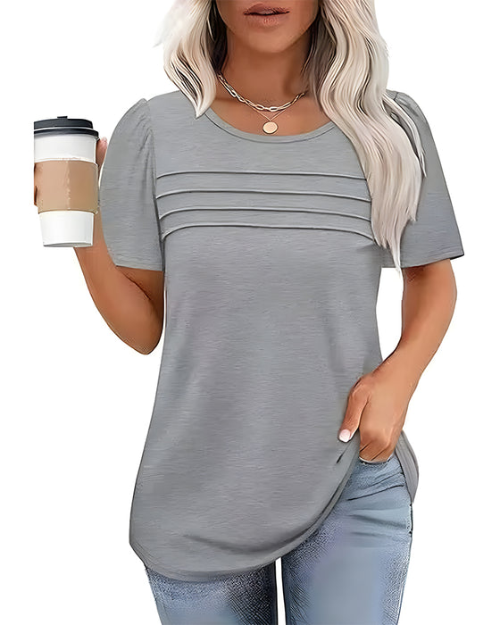 T-Shirt Plisowany Luźny Okrągły Dekolt Krótki Rękaw