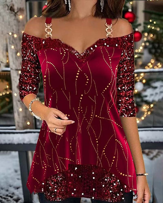 Top Z Cekinami Off-Shoulder Długi Rękaw