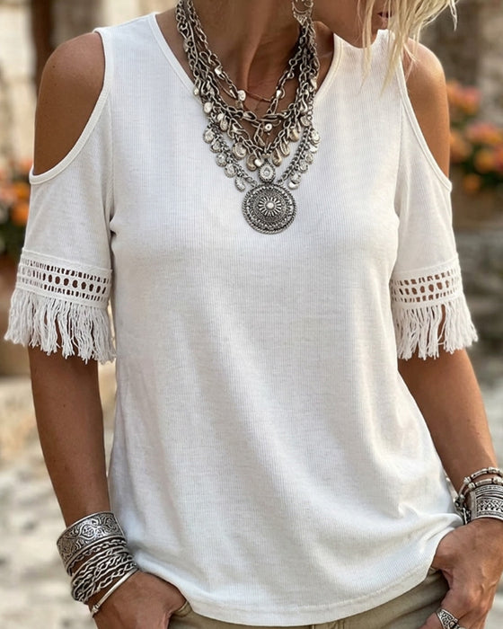 T-Shirt Off-Shoulder Frędzle Krótki Rękaw
