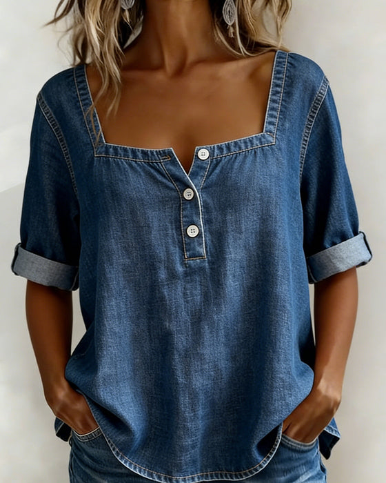 Koszula Kwadratowy Dekolt Denim Pół Rękaw