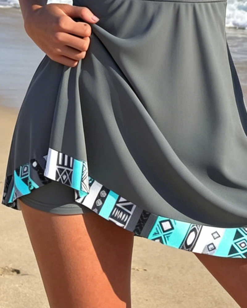 Swimdress Bez Rękawów V-Szyjka Geometryczny Druk