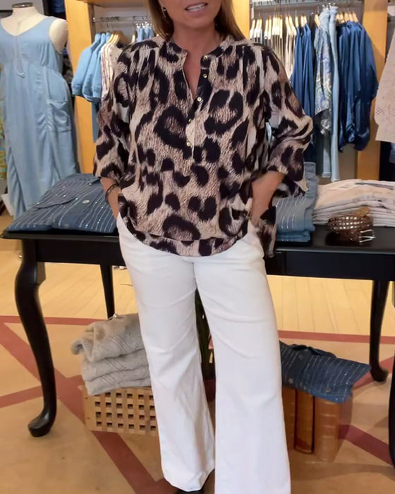 Bluzka Luźna Leopardzi Print Pół Guzik
