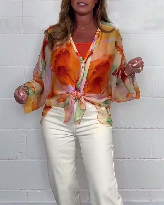 Bluzka z długim rękawem i dekoltem w kształcie litery V z nadrukiem w stylu casual