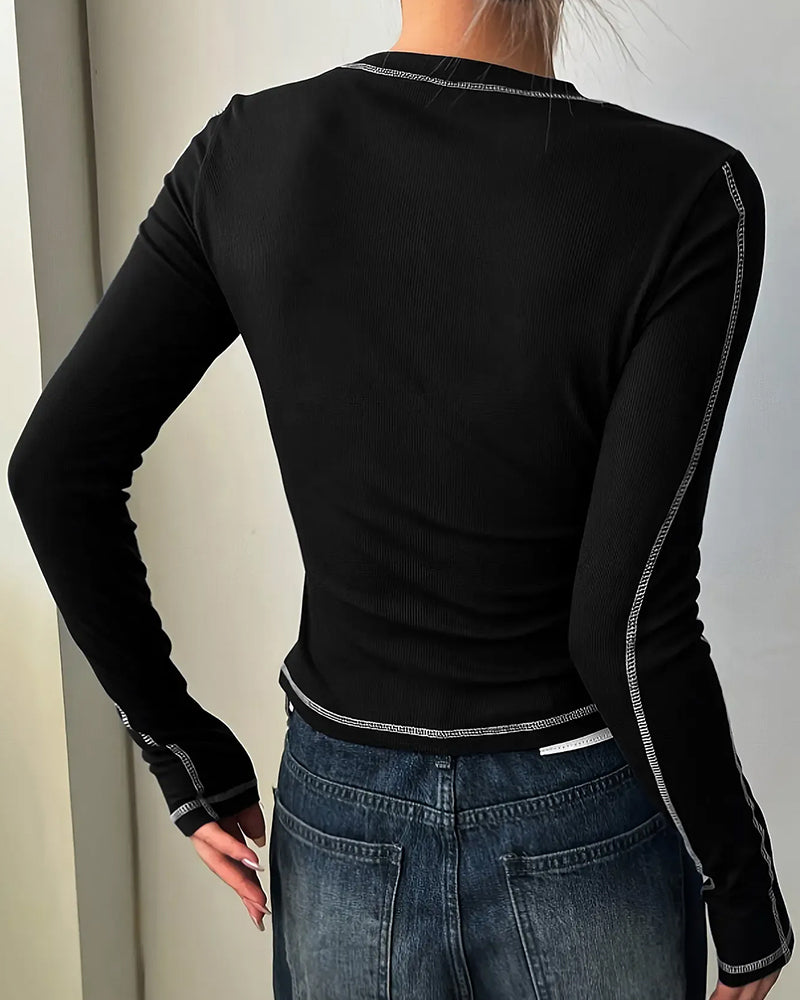 Top Stylowy Okrągły Dekolt Slim Fit Długi Rękaw