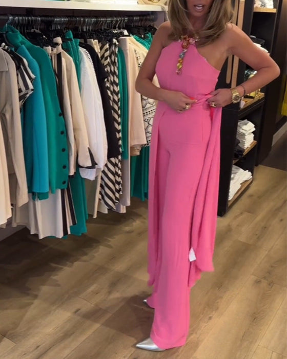 Dwuczęściowy komplet z dekoltem typu halter i rozcięciem w jednolitym kolorze