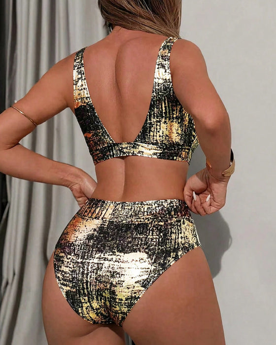 Bikini Złoty Błyszczący Wysoki Stan