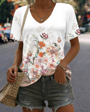 T-Shirt Z Nadrukiem Dekolt W Serek Casual Z Krótkim Rękawem