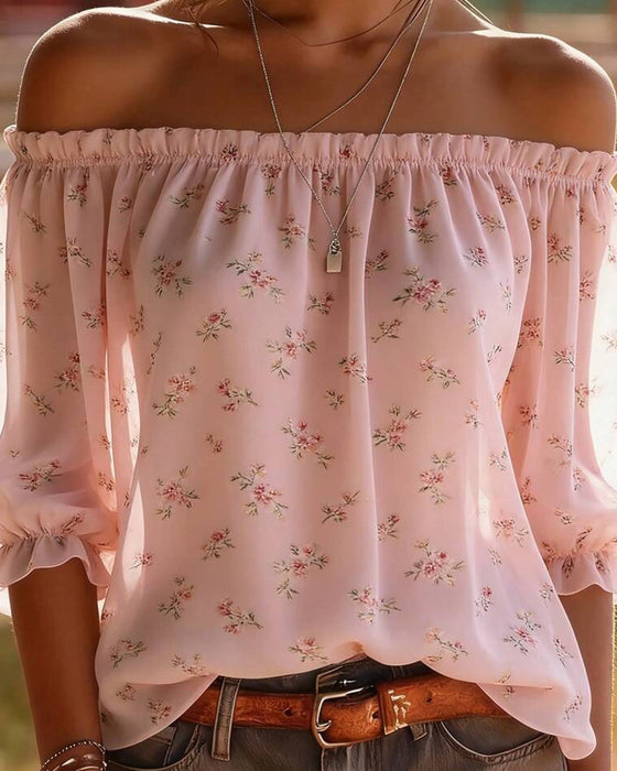 Bluzka Off-Shoulder Kwiatowy Trzy Czwarte Rękaw