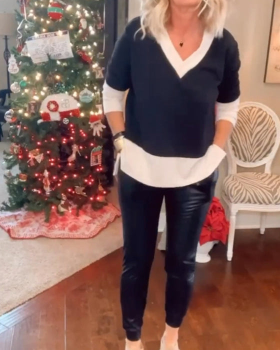 Bluzka z blokami kolorów i dekoltem w kształcie litery V