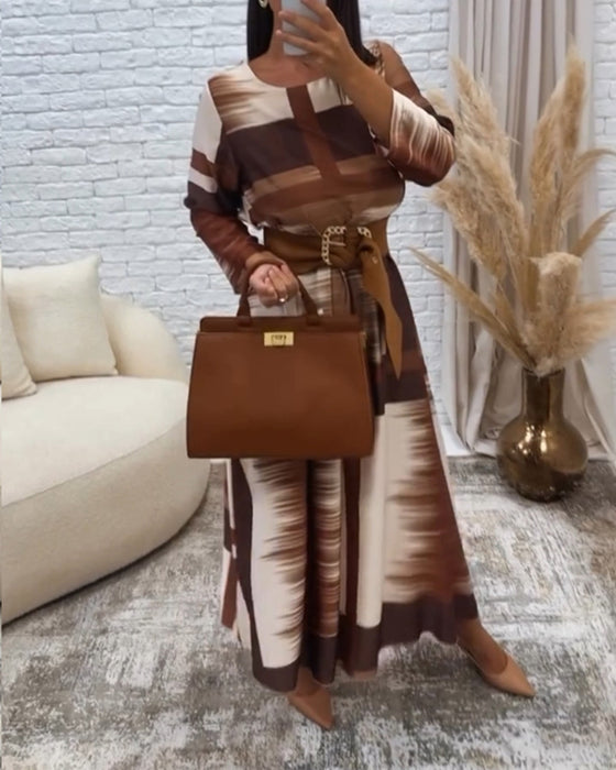 Sukienka retro kontrastowa z okrągłym dekoltem i długim rękawem