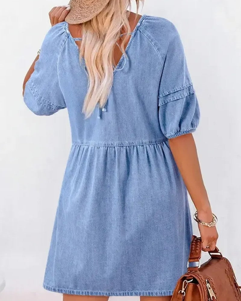 Sukienki Denim V-Szyja Puff Rękaw