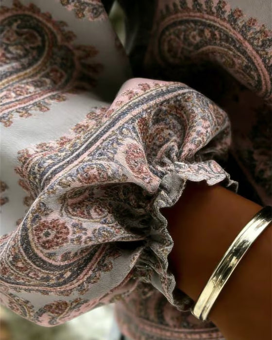 Bluzka Wzór Paisley Z Dekoltem W Szyję Rękaw Lampion