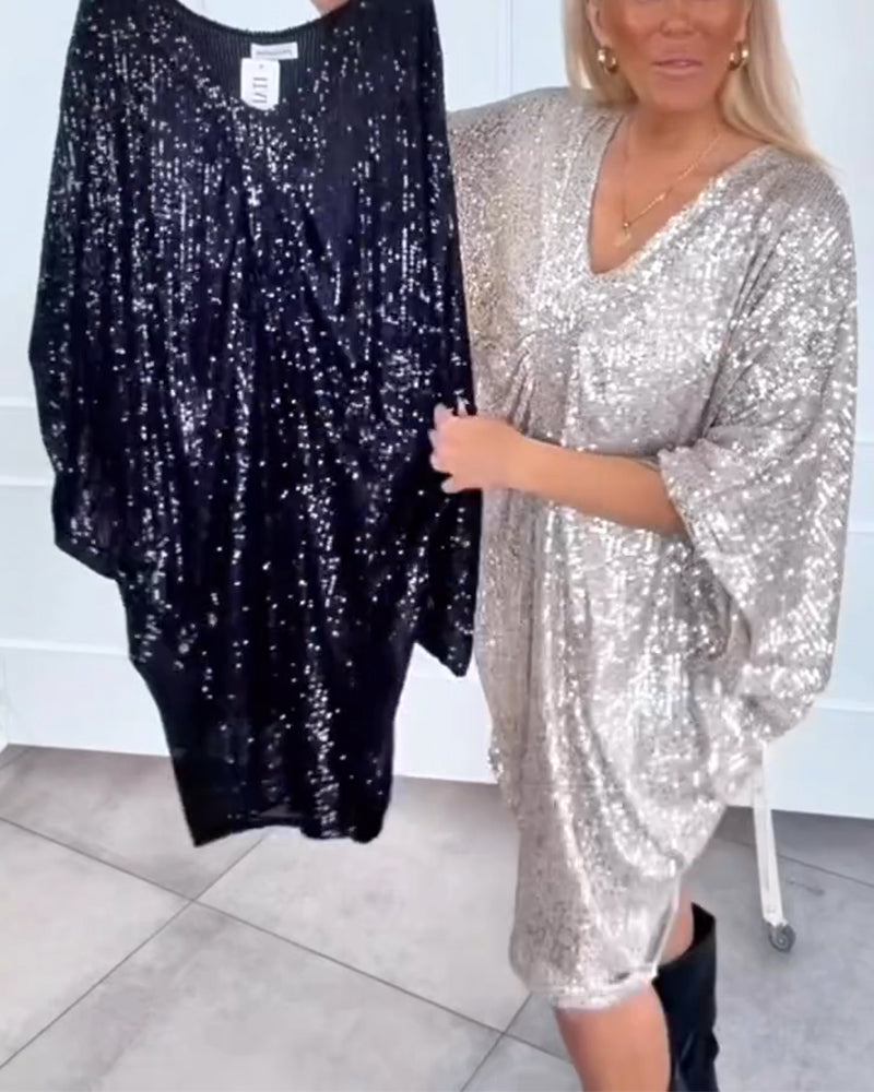 Luźna Sukienka Z Dekoltem W Serek I Rękawami Nietoperz