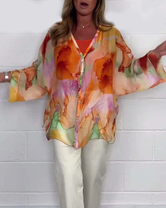 Bluzka z długim rękawem i dekoltem w kształcie litery V z nadrukiem w stylu casual