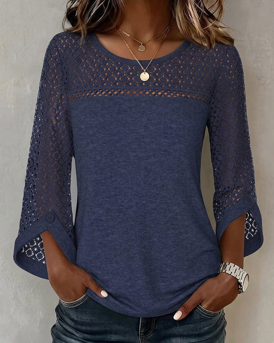 T-Shirt Hollow Out Długi Rękaw Patchwork