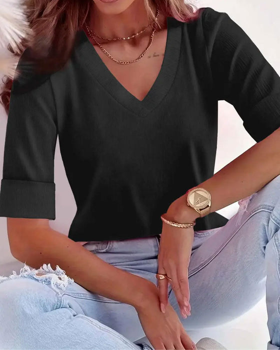 Top Dekolt V Trzy Czwarte Rękaw Slim Krój