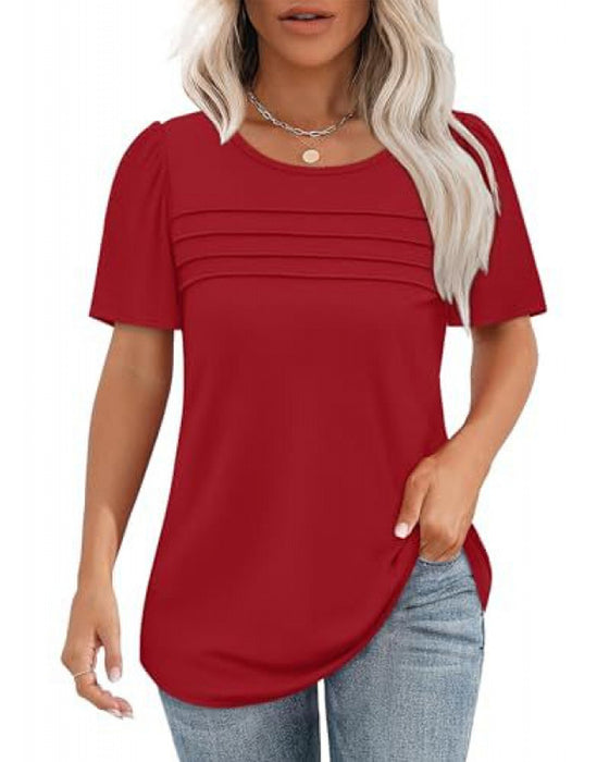 T-Shirt Plisowany Luźny Okrągły Dekolt Krótki Rękaw