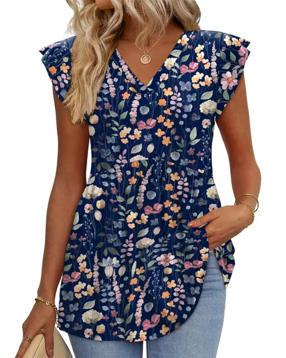 Bluzka Akwarelowy Kwiatowy V-Szyja Babydoll