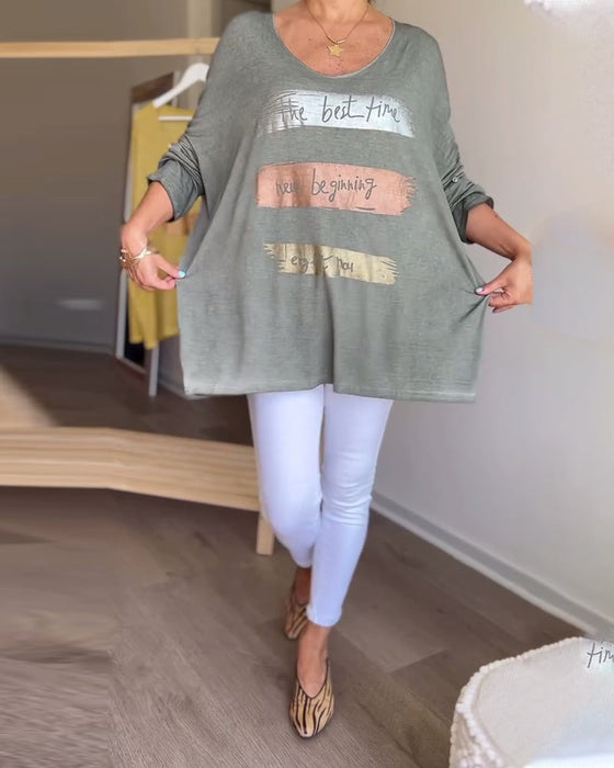 Bluzka w literę z długim rękawem i okrągłym dekoltem