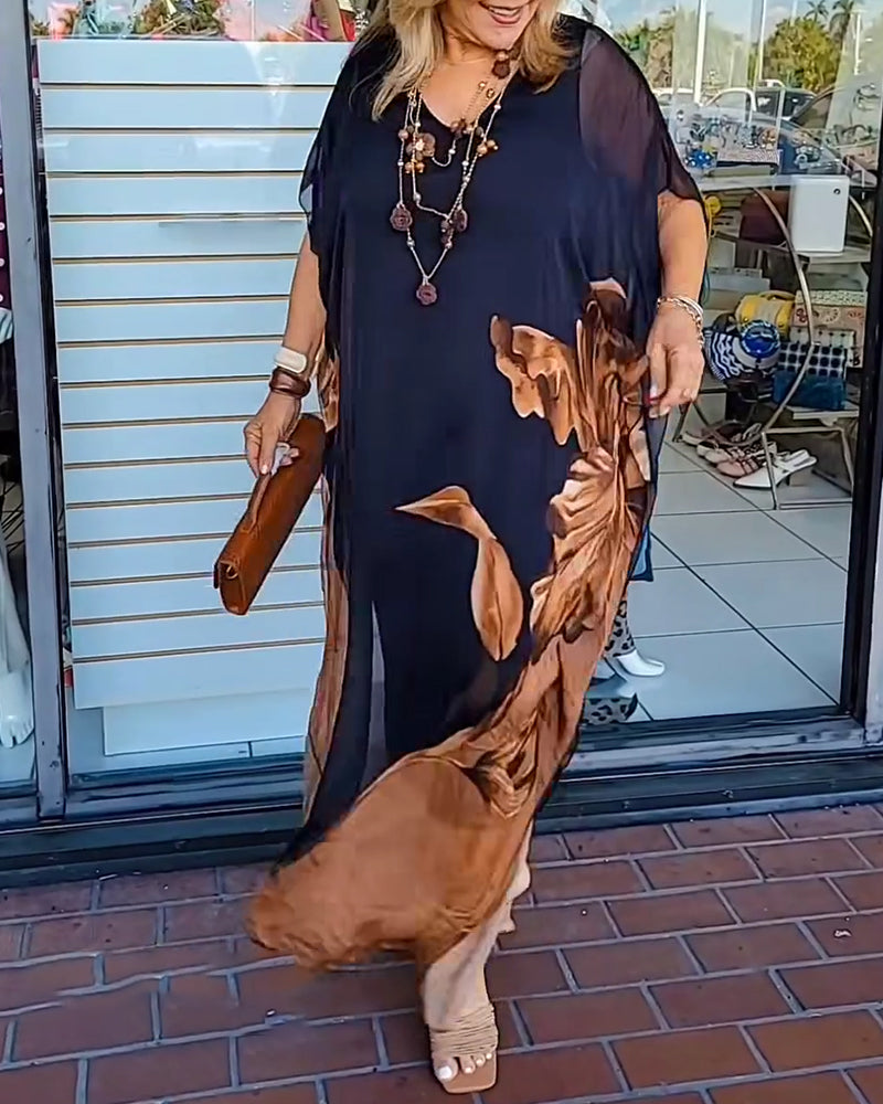 Sukienka Rękaw Nietoperza Szyfon Nadruk Maxi