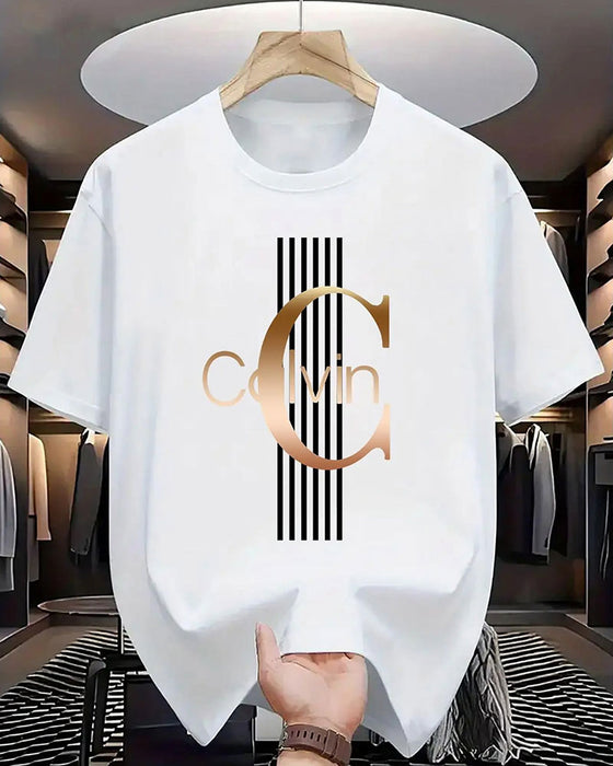 T-Shirt Litera Pionowy Pasek Nadruk Krótki Rękaw
