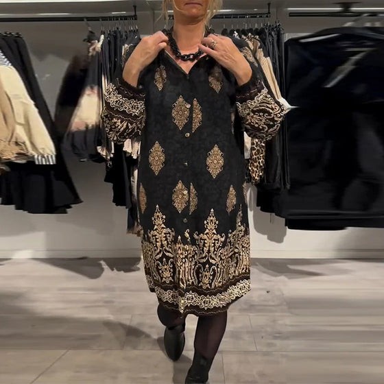 Sukienka z nadrukiem w stylu vintage, zapinana na guziki i klapy